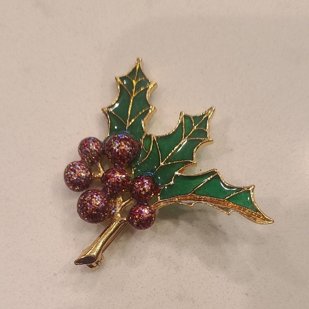 Festive Gold and Green Holly Brooch